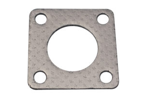 A square metal gasket with four holes.