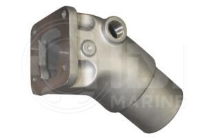 A stainless steel boat exhaust housing with an open side.