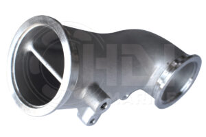 A close up of the side view of a stainless steel elbow.